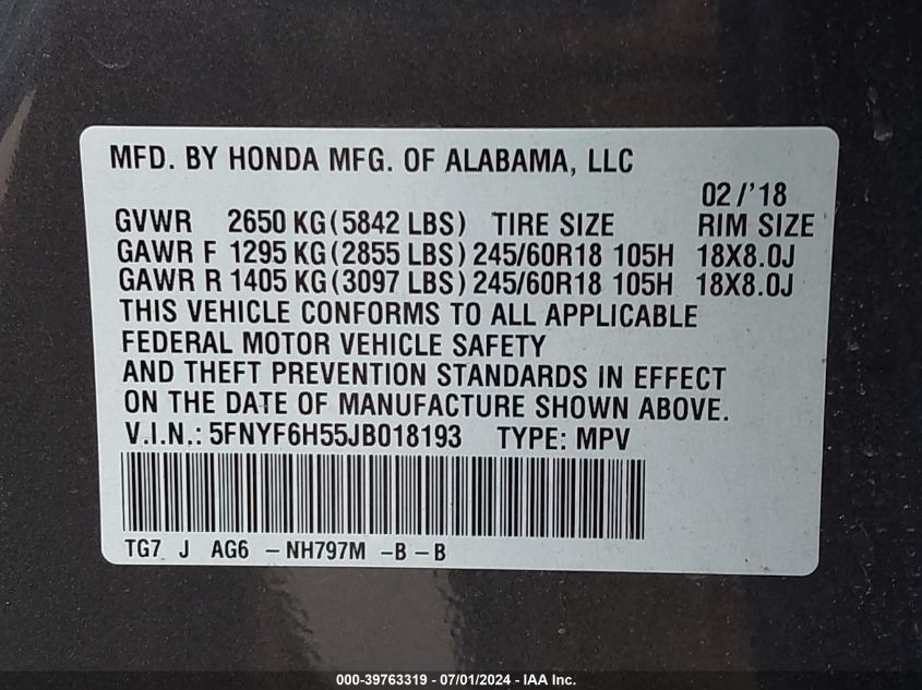 2018 Honda Pilot Ex-L VIN: 5FNYF6H55JB018193 Lot: 39763319