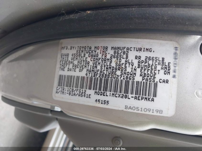 2003 Toyota Avalon Xl VIN: 4T1BF28B83U271065 Lot: 39763336