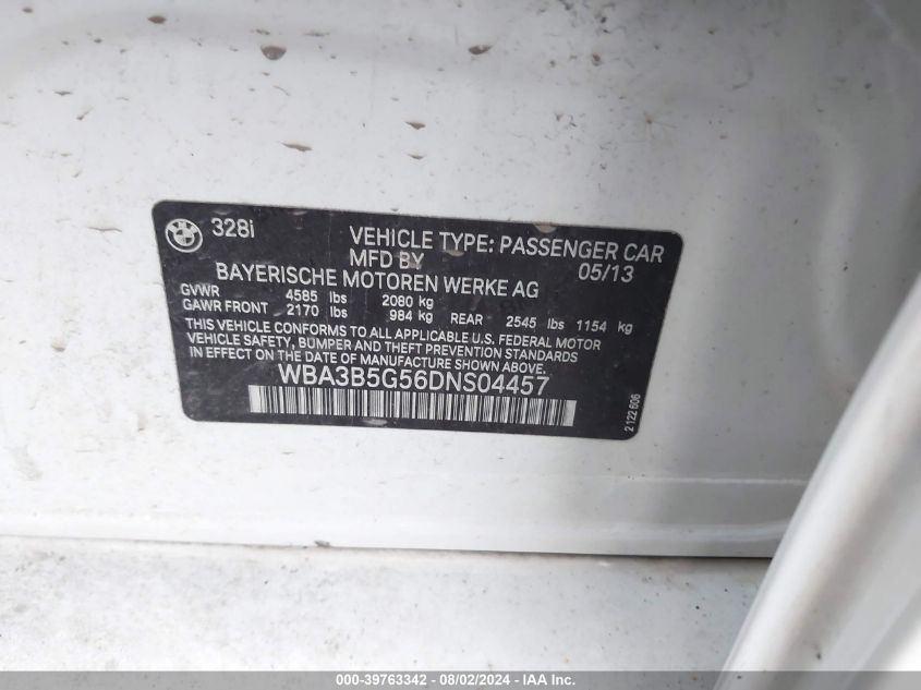 2013 BMW 328I xDrive VIN: WBA3B5G56DNS04457 Lot: 39763342