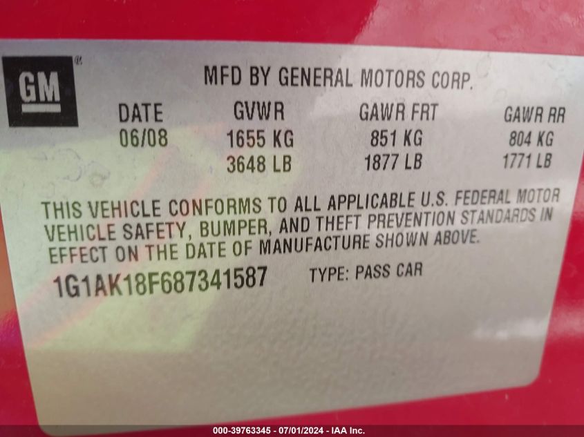 2008 Chevrolet Cobalt Ls VIN: 1G1AK18F687341587 Lot: 39763345