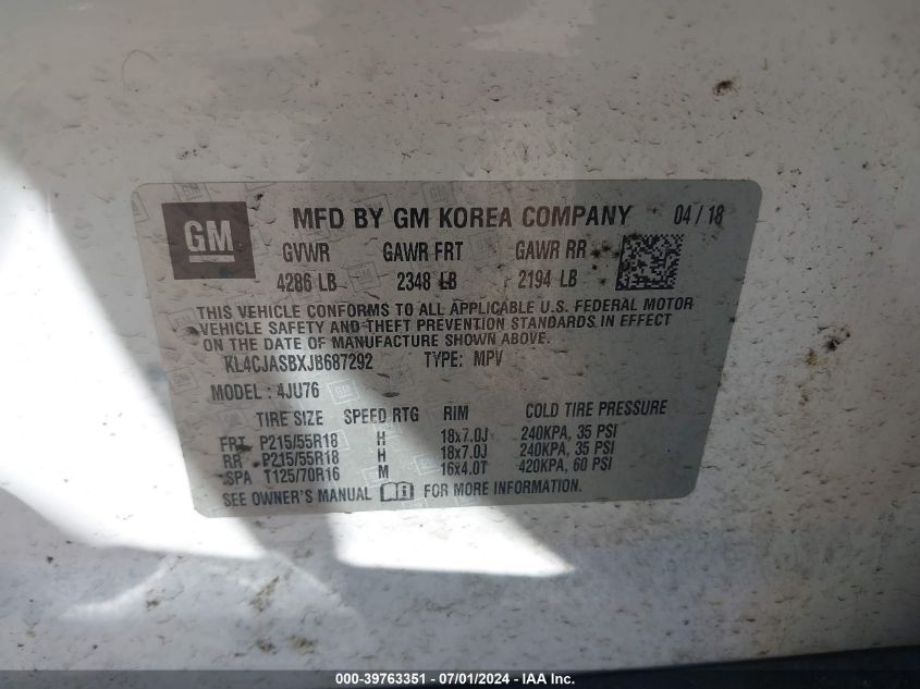 2018 Buick Encore Preferred VIN: KL4CJASBXJB687292 Lot: 39763351