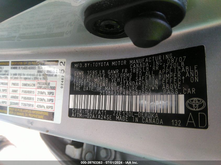 2008 Toyota Corolla Ce VIN: 2T1BR32E48C887662 Lot: 39763363