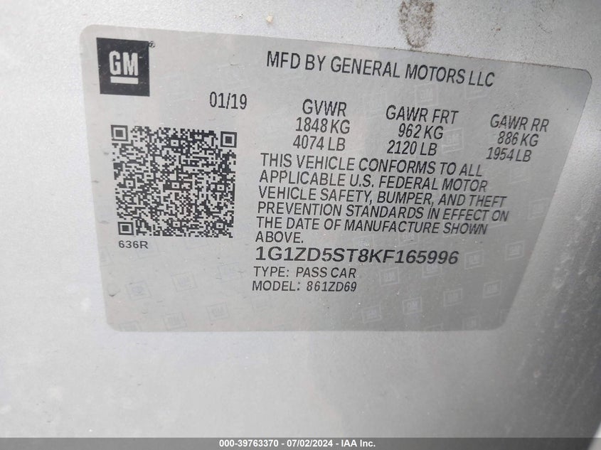 2019 Chevrolet Malibu Lt VIN: 1G1ZD5ST8KF165996 Lot: 39763370