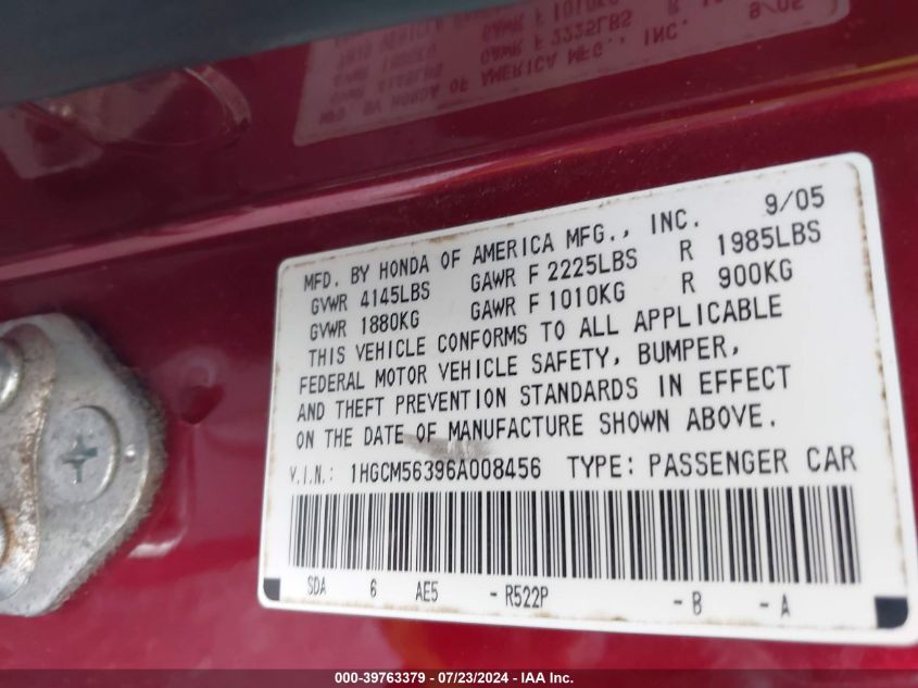 2006 Honda Accord Se VIN: 1HGCM56396A008456 Lot: 39763379