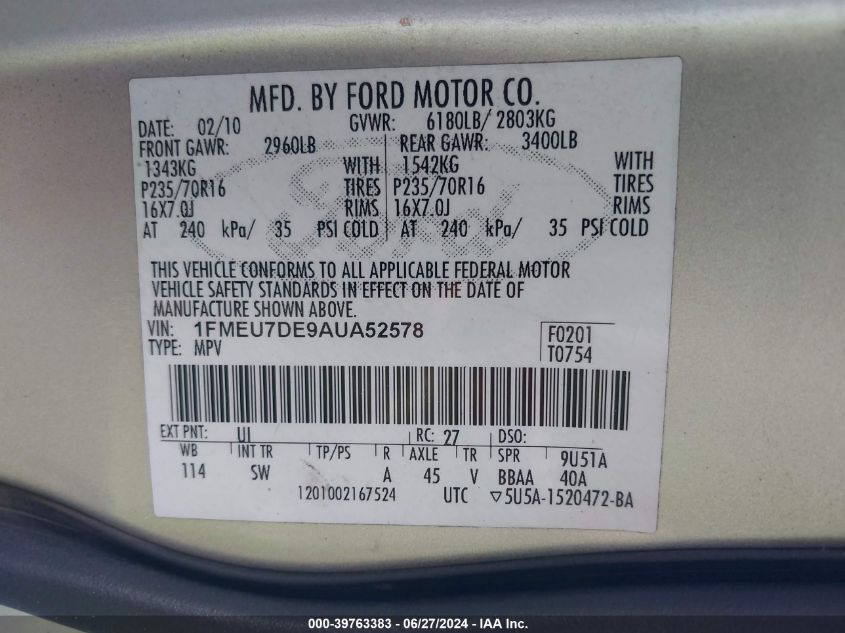 2010 Ford Explorer Xlt VIN: 1FMEU7DE9AUA52578 Lot: 39763383