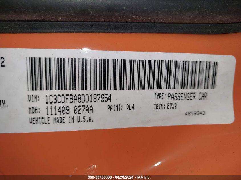 2013 Dodge Dart Sxt VIN: 1C3CDFBA8DD187954 Lot: 39763386