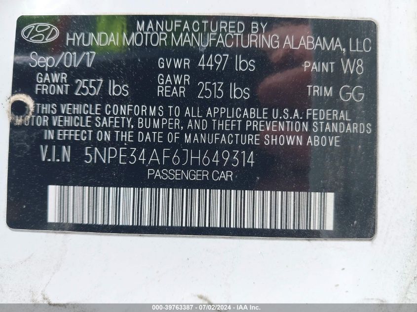 2018 Hyundai Sonata Sel VIN: 5NPE34AF6JH649314 Lot: 39763387