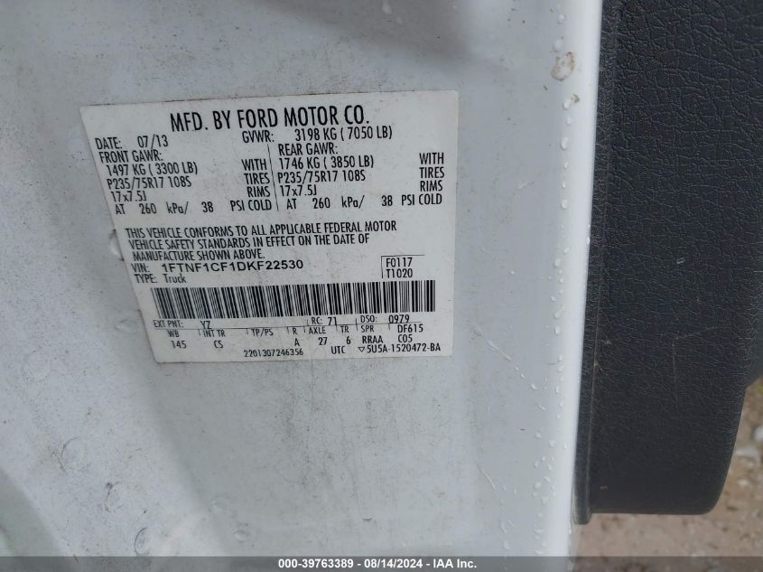 2013 Ford F-150 Xl VIN: 1FTNF1CF1DKF22530 Lot: 39763389