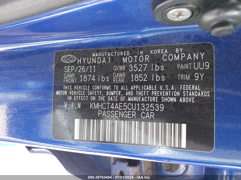 2012 Hyundai Accent Gls VIN: KMHCT4AE5CU132539 Lot: 39763404