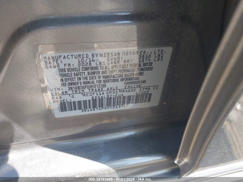 2017 Nissan Sentra Sr VIN: 3N1AB7APXHY213769 Lot: 39763409