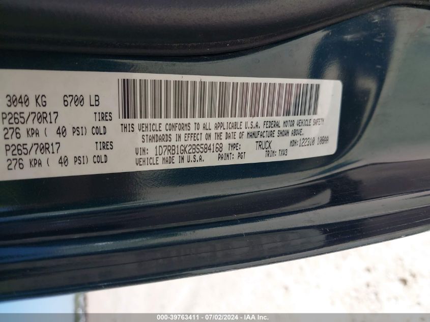 2011 Dodge Ram 1500 VIN: 1D7RB1GK2BS584168 Lot: 39763411