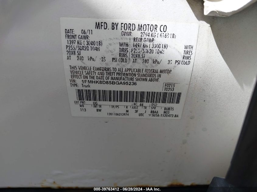 2011 Ford Explorer Xlt VIN: 1FMHK8D85BGA95236 Lot: 39763412