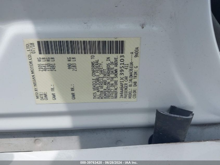 2018 Nissan Maxima 3.5 S VIN: 1N4AA6AP1JC395103 Lot: 39763420
