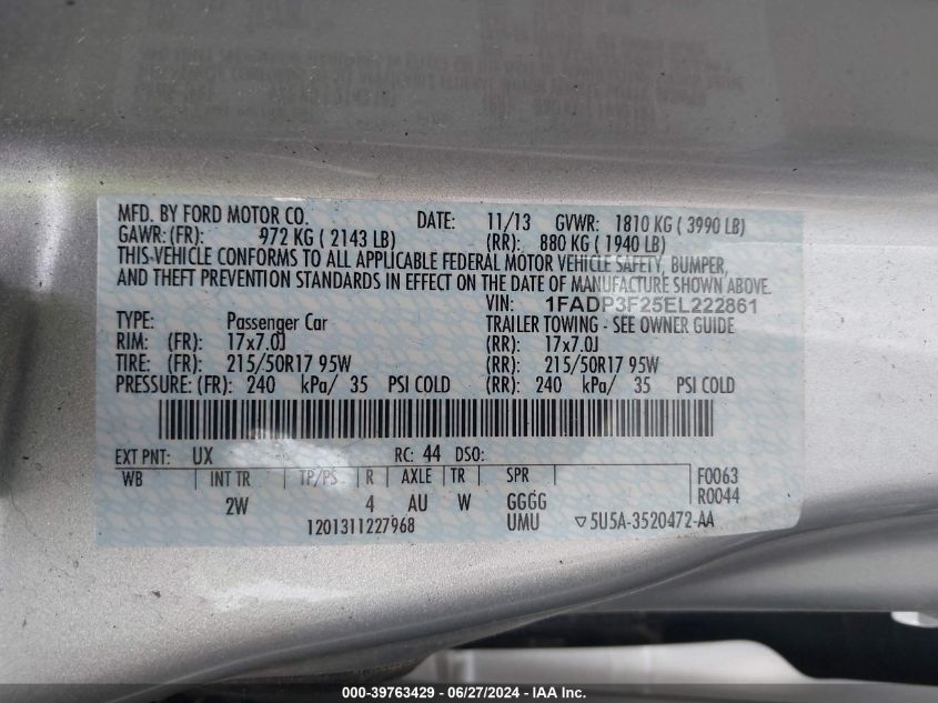 2014 Ford Focus Se VIN: 1FADP3F25EL222861 Lot: 39763429