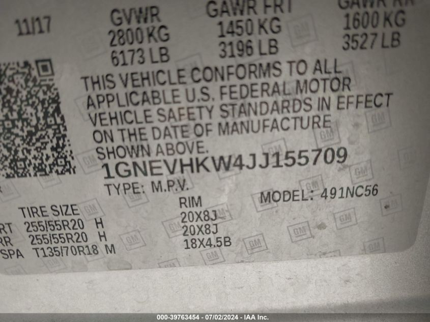 2018 Chevrolet Traverse Lt VIN: 1GNEVHKW4JJ155709 Lot: 39763454