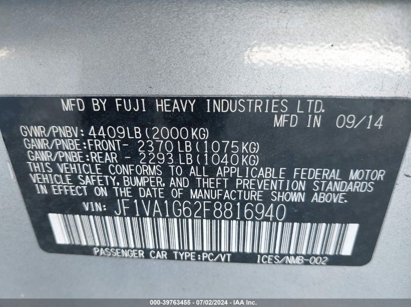 2015 Subaru Wrx Limited VIN: JF1VA1G62F8816940 Lot: 39763455