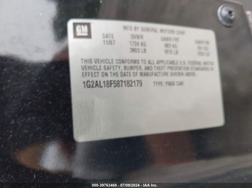 2008 Pontiac G5 VIN: 1G2AL18F587182179 Lot: 39763468