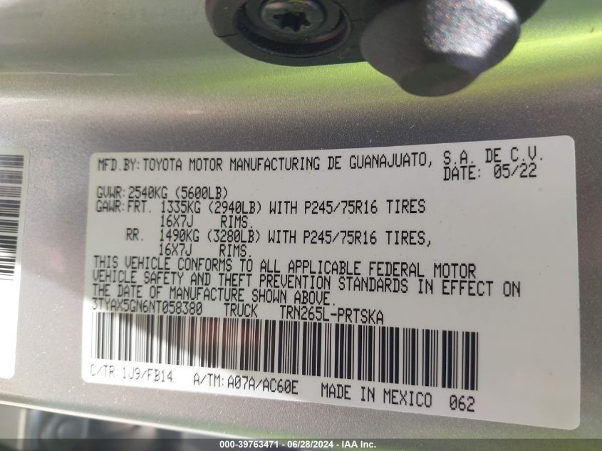 2022 Toyota Tacoma Sr VIN: 3TYAX5GN6NT058380 Lot: 39763471