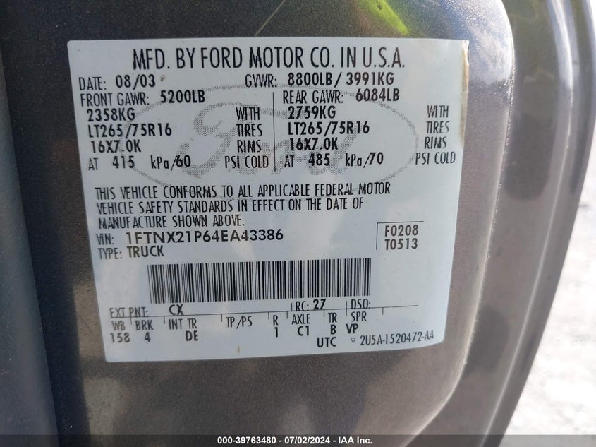 2004 Ford F-250 Lariat/Xl/Xlt VIN: 1FTNX21P64EA43386 Lot: 39763480