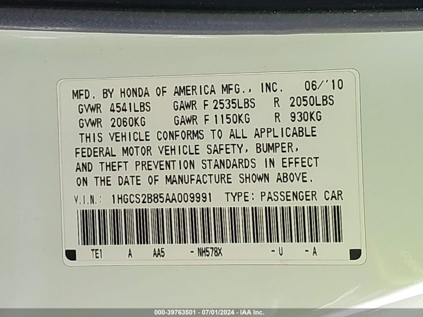 2010 Honda Accord 3.5 Ex-L VIN: 1HGCS2B85AA009991 Lot: 39763501