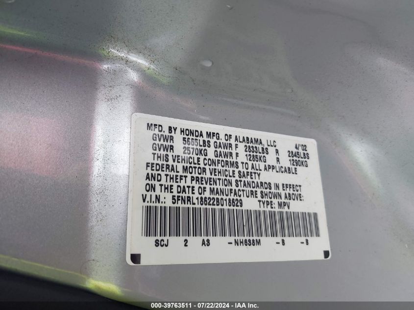 2002 Honda Odyssey Ex VIN: 5FNRL18622B018629 Lot: 39763511