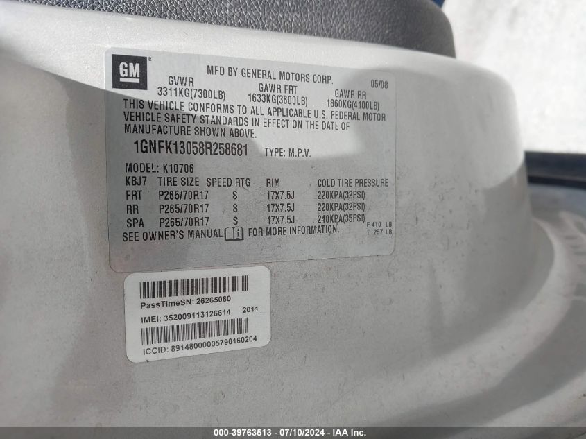 2008 Chevrolet Tahoe Ls VIN: 1GNFK13058R258681 Lot: 39763513