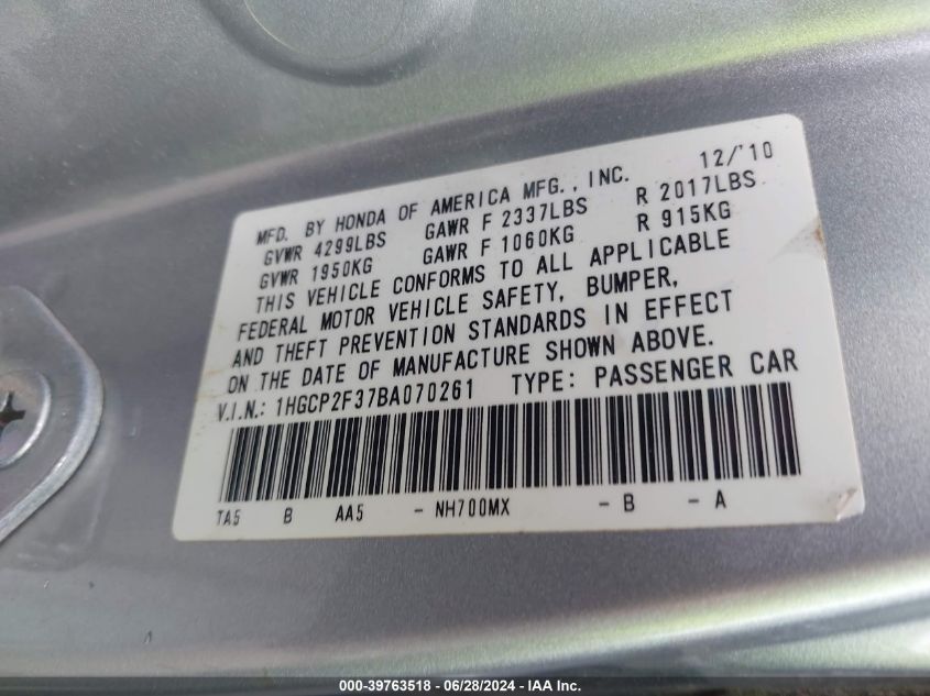2011 Honda Accord Lx VIN: 1HGCP2F37BA070261 Lot: 39763518