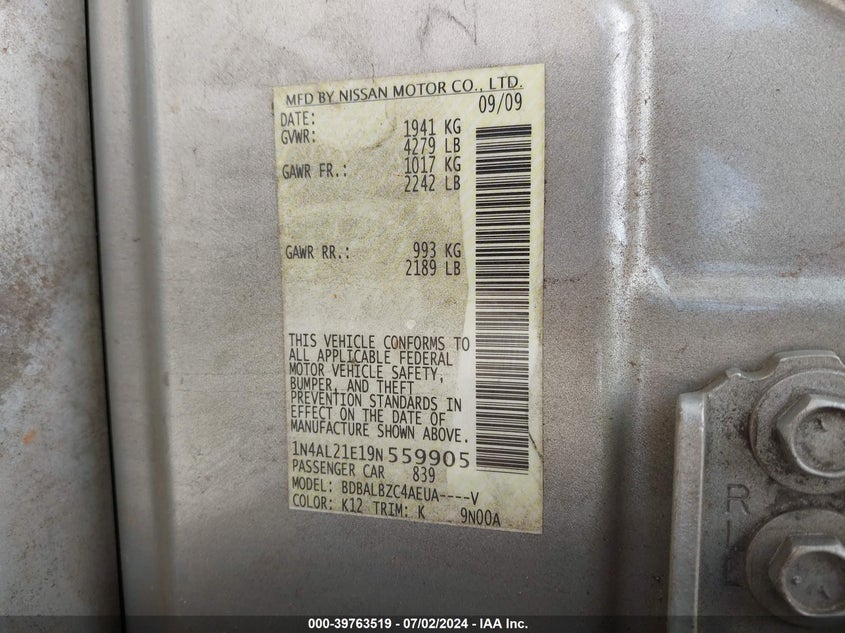 2009 Nissan Altima 2.5 S VIN: 1N4AL21E19N559905 Lot: 39763519