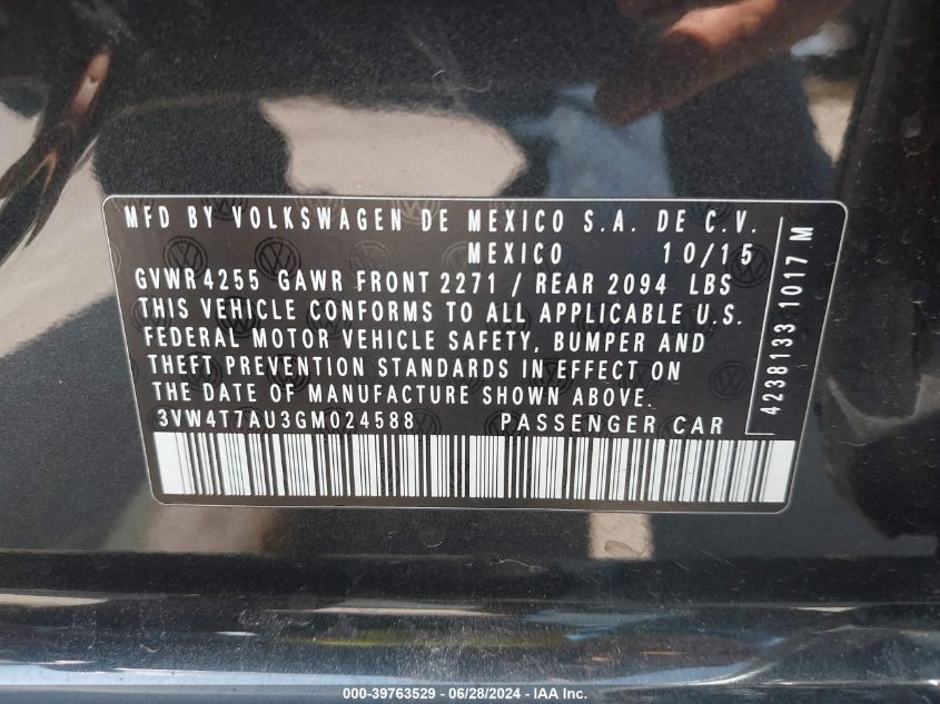 2016 Volkswagen Golf Gti S 4-Door VIN: 3VW4T7AU3GM024588 Lot: 39763529