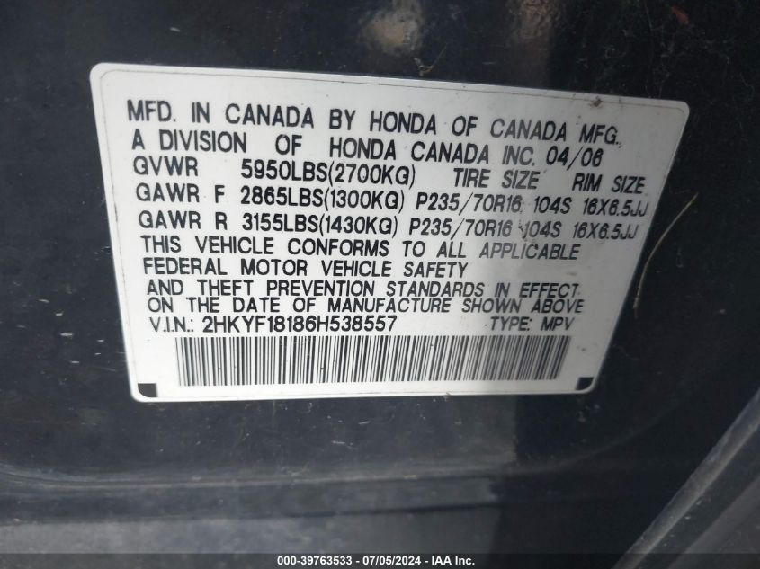 2006 Honda Pilot Lx VIN: 2HKYF18186H538557 Lot: 39763533