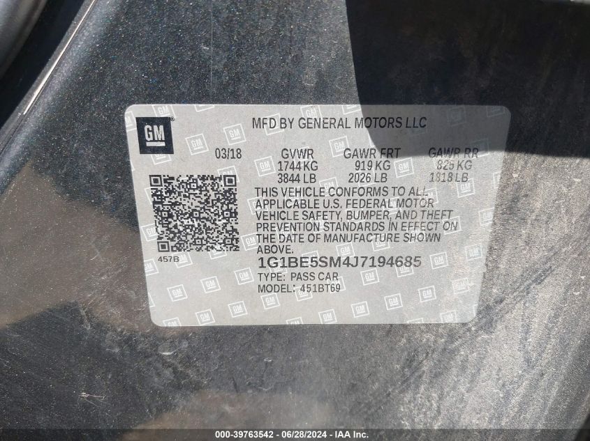 2018 Chevrolet Cruze Lt Auto VIN: 1G1BE5SM4J7194685 Lot: 39763542
