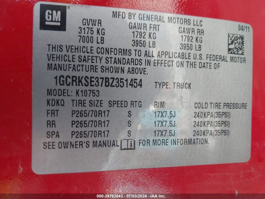 2011 Chevrolet Silverado K1500 Lt VIN: 1GCRKSE37BZ351454 Lot: 39763543