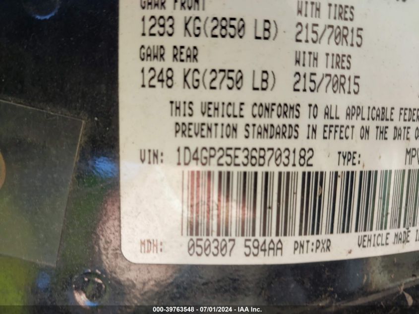 2006 Dodge Caravan Se VIN: 1D4GP25E36B703182 Lot: 39763548