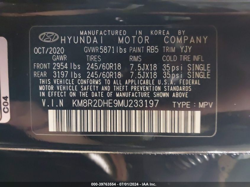 2021 Hyundai Palisade Sel VIN: KM8R2DHE9MU233197 Lot: 39763554