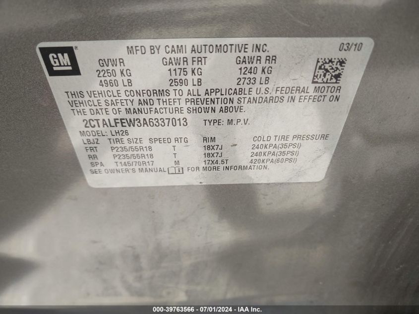 2010 GMC Terrain Slt-1 VIN: 2CTALFEW3A6337013 Lot: 39763566