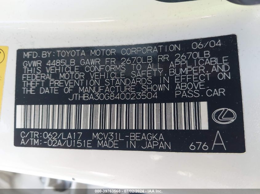 2004 Lexus Es 330 VIN: JTHBA30G840023504 Lot: 39763568