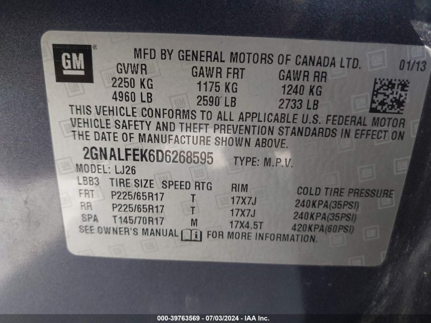 2013 Chevrolet Equinox Ltz VIN: 2GNALFEK6D6268595 Lot: 39763569