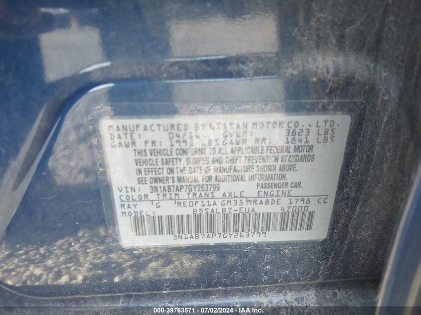 2016 Nissan Sentra S VIN: 3N1AB7AP7GY263799 Lot: 39763571