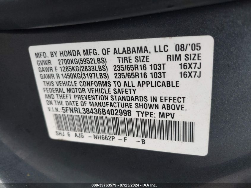 2006 Honda Odyssey Ex VIN: 5FNRL38436B402998 Lot: 39763579