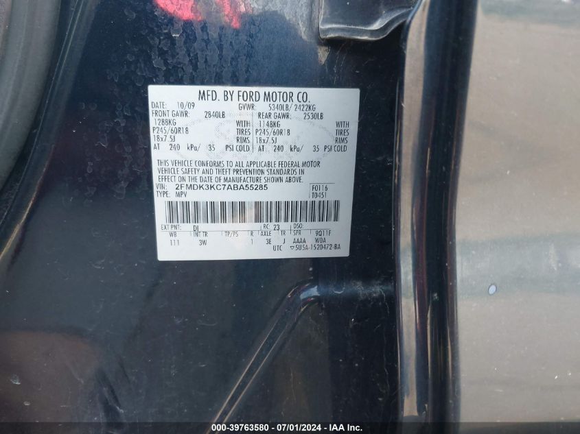 2010 Ford Edge Limited VIN: 2FMDK3KC7ABA55285 Lot: 39763580