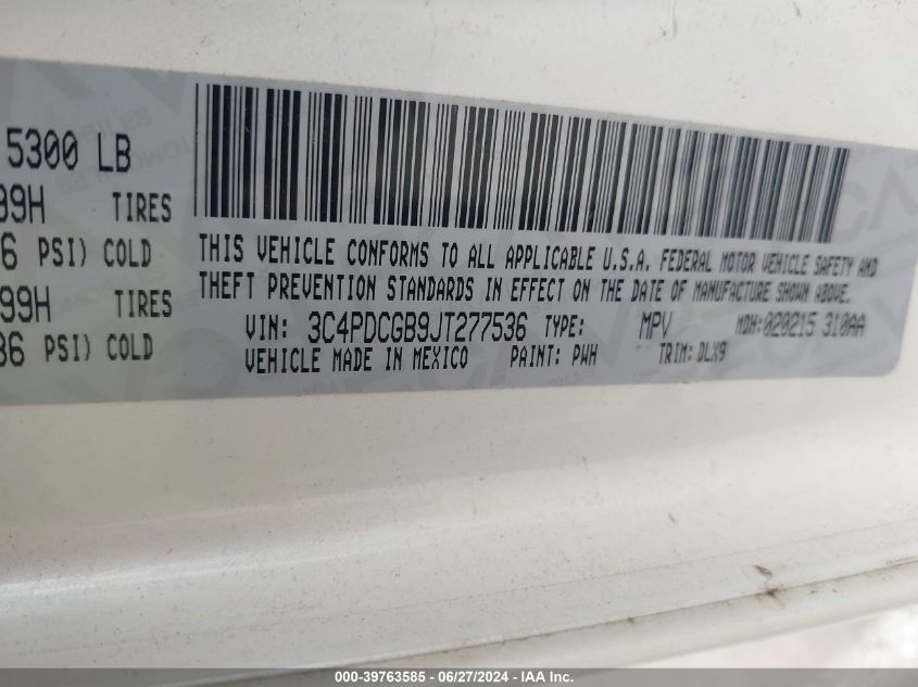 2018 Dodge Journey Crossroad VIN: 3C4PDCGB9JT277536 Lot: 39763585