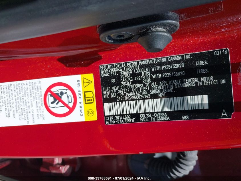 2016 Lexus Rx 350 VIN: 2T2BZMCA9GC024142 Lot: 39763591