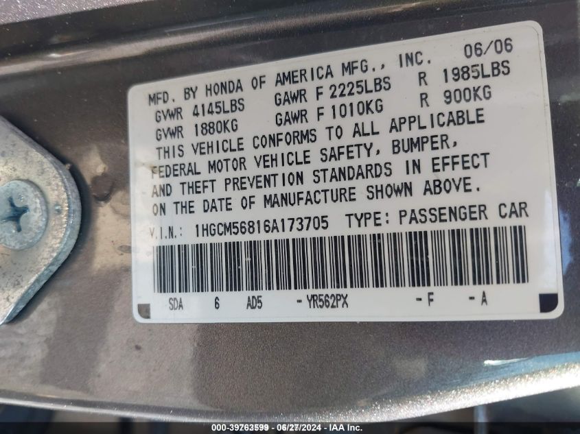 1HGCM56816A173705 | 2006 HONDA ACCORD