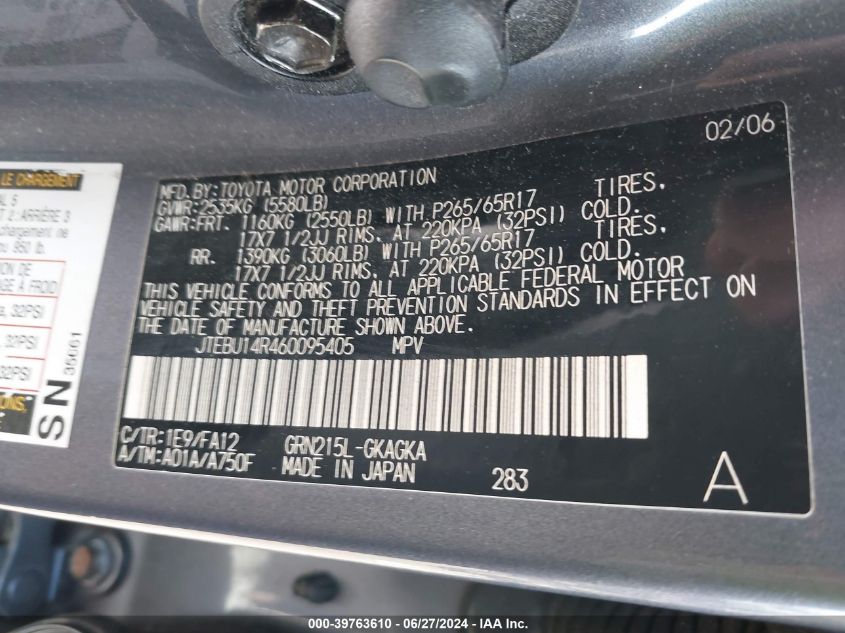 2006 Toyota 4Runner Sr5 V6 VIN: JTEBU14R460095405 Lot: 39763610