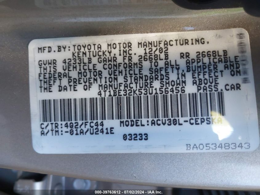 2003 Toyota Camry Se VIN: 4T1BE32K53U156456 Lot: 39763612