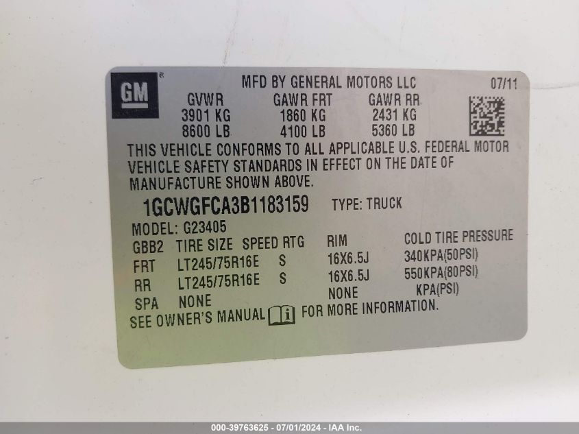 2011 Chevrolet Express 2500 Work Van VIN: 1GCWGFCA3B1183159 Lot: 39763625