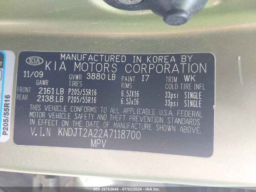 2010 Kia Soul + VIN: KNDJT2A22A7118700 Lot: 39763648