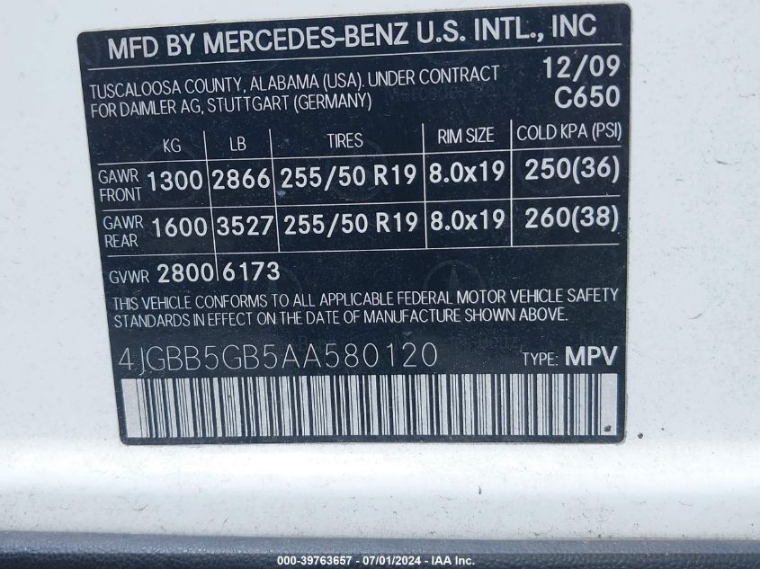 2010 Mercedes-Benz Ml 350 VIN: 4JGBB5GB5AA580120 Lot: 39763657