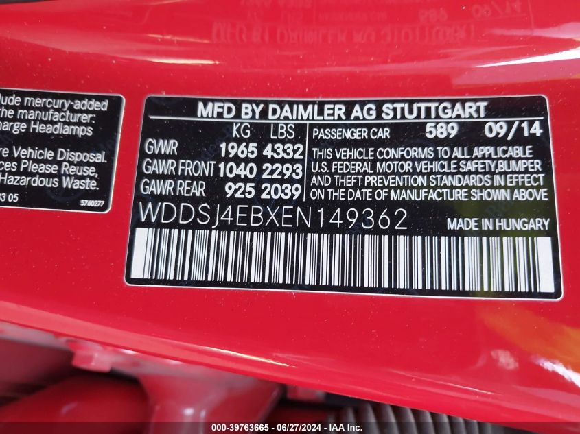 WDDSJ4EBXEN149362 2014 Mercedes-Benz Cla 250