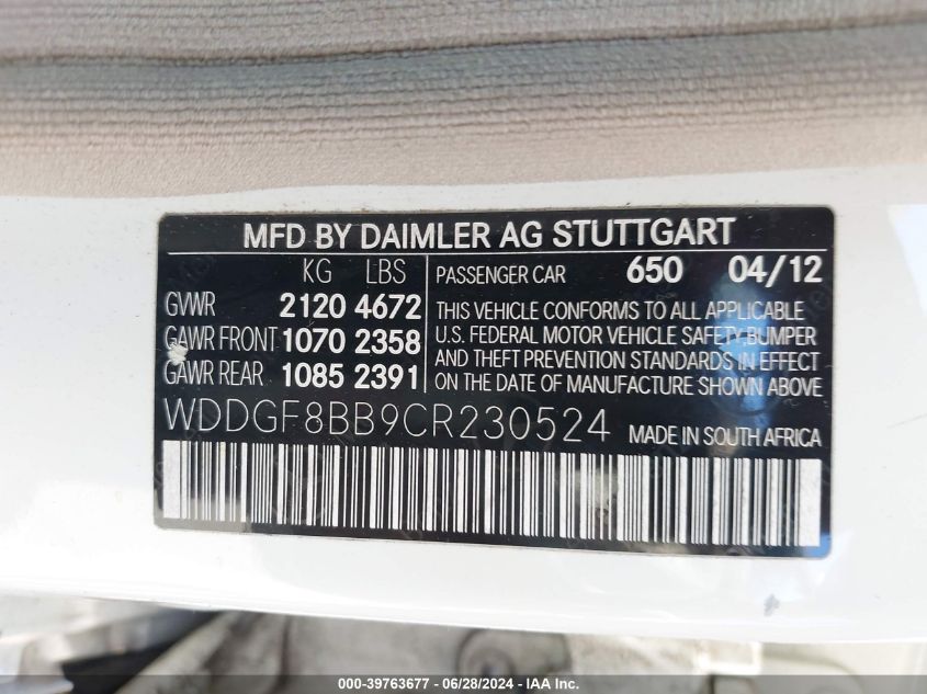 2012 Mercedes-Benz C 300 Luxury 4Matic/Sport 4Matic VIN: WDDGF8BB9CR230524 Lot: 39763677